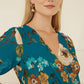 Yumi Teal Watercolour Dip Hem Midi Wrap Dress