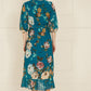 Yumi Teal Watercolour Dip Hem Midi Wrap Dress