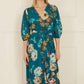 Yumi Teal Watercolour Dip Hem Midi Wrap Dress