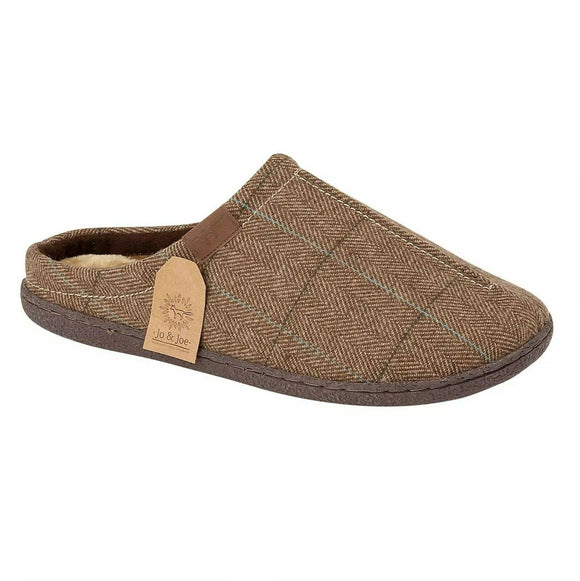 Harrison Mens tweed fleece slippers mules Brown