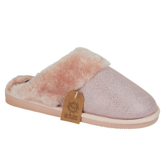 Shimmer ladies memory foam glittery fur collar mule slippers Pink