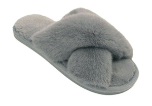 Blance Ladies Faux Fur Lined Open Toe Furry Crossover Sliders Mules Slippers Grey