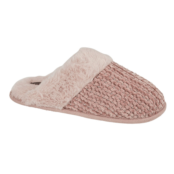 Cleo Ladies Knit Fur Lined Slippers Mule Pink