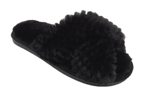 Nora Ladies Cross Over Furry Mules slippers Black