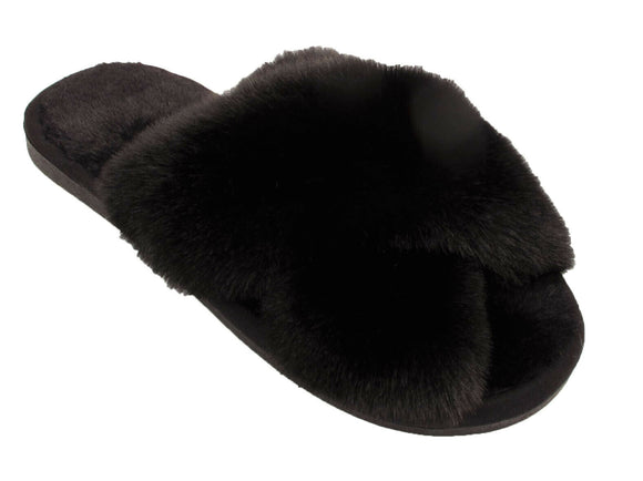 Blance Ladies Faux Fur Lined Open Toe Furry Crossover Sliders Mules Slippers Black