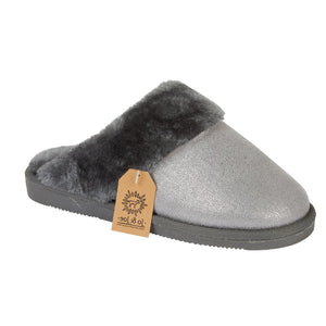 Shimmer ladies memory foam glittery fur collar mule slippers grey