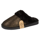 Shimmer ladies memory foam glittery fur collar mule slippers black