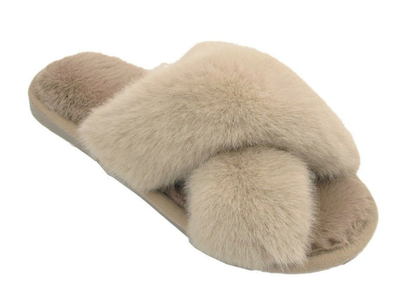 Blance Ladies Faux Fur Lined Open Toe Furry Crossover Sliders Mules Slippers Beige