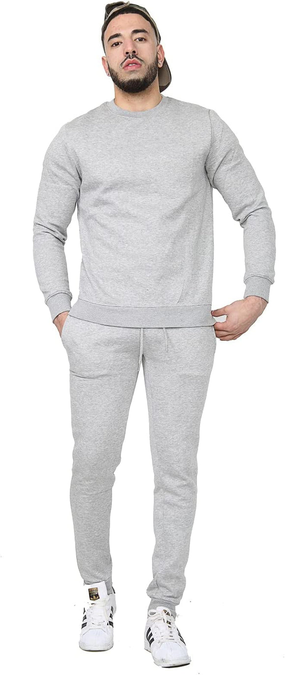 Mens Plain Crew Neck Fleece Slim Fit Tracksuit Grey