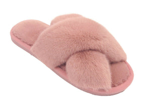 Blance Ladies Faux Fur Lined Open Toe Furry Crossover Sliders Mules Slippers Baby Pink