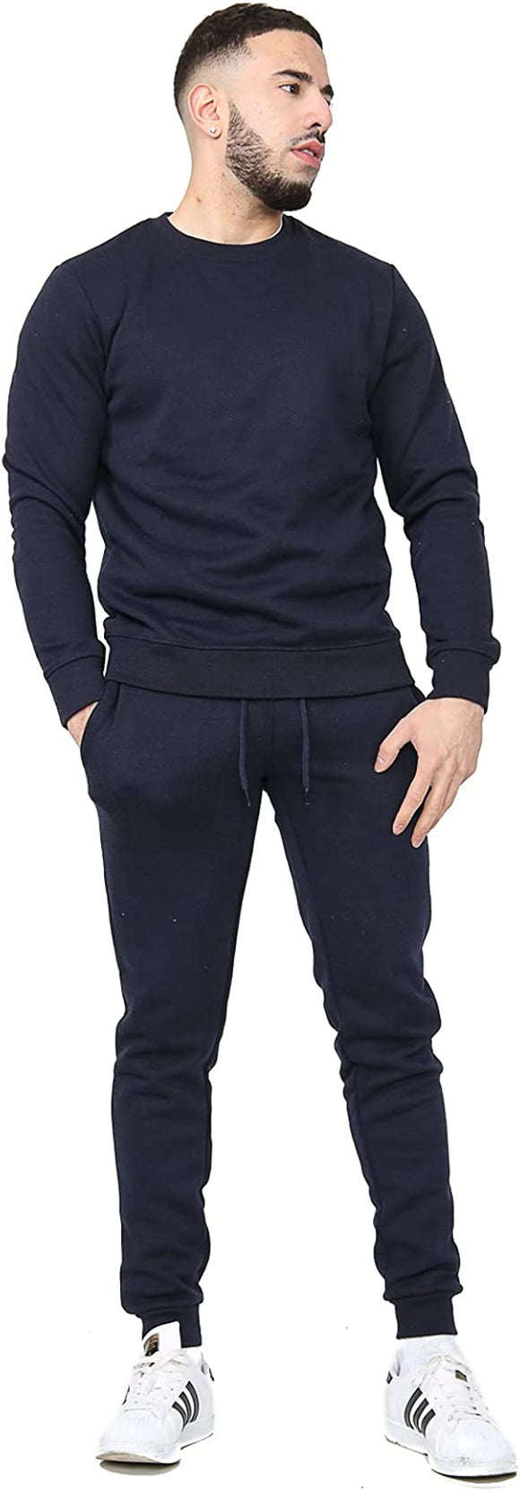 Mens Plain Crew Neck Fleece Slim Fit Tracksuit Navy Blue