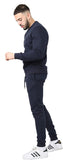 Mens Plain Crew Neck Fleece Slim Fit Tracksuit Navy Blue