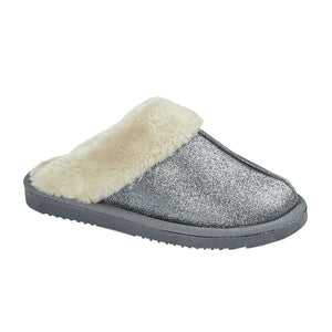 Sparkle Ladies Faux Fur Winter Warm Glittery Fleeced Lined Mule Slippers Grey