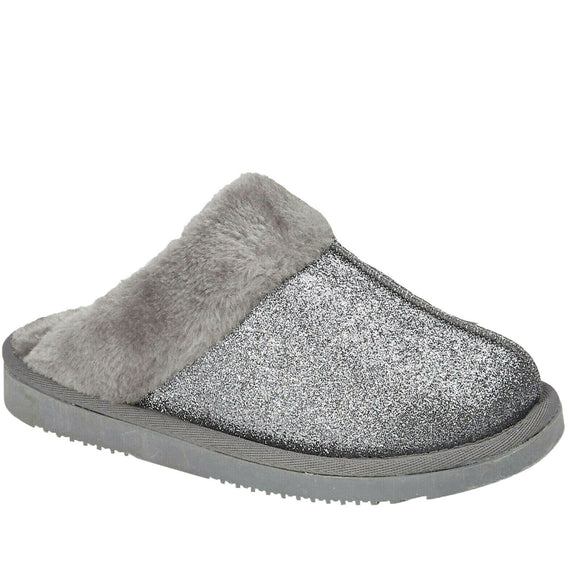 Sparkle Ladies Faux Fur Winter Warm Glittery Fleeced Lined Mule Slippers Full Grey