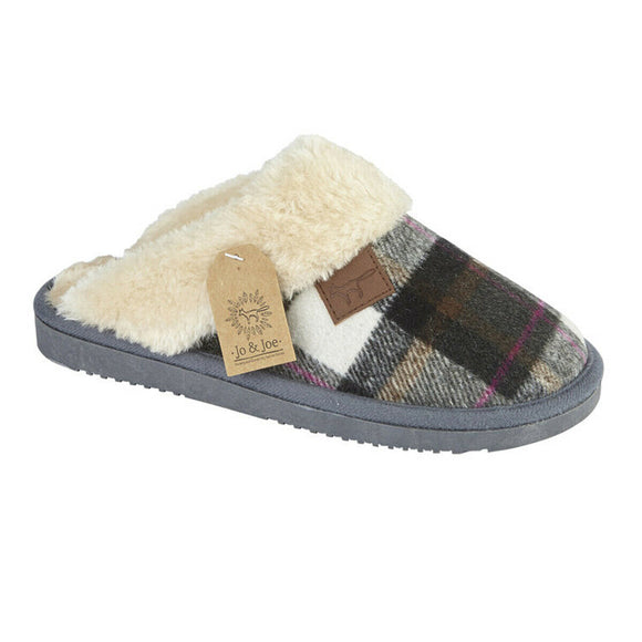 Shetland Ladies Tartan Print Fur Lined Collar Mules Shoes Slippers Dark Grey