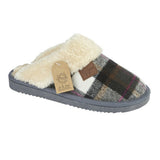 Shetland Ladies Tartan Print Fur Lined Collar Mules Shoes Slippers Dark Grey