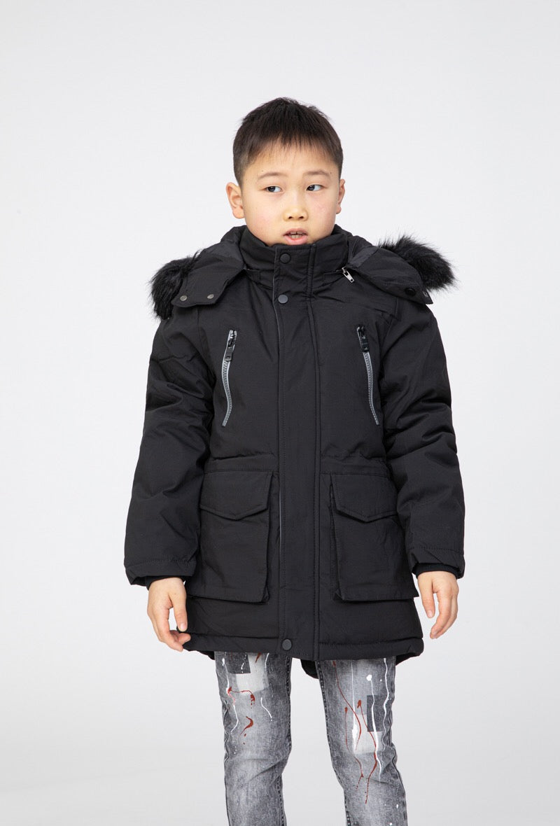 Childrens Boys Winter Parka Coat Fur Zip Pocket Hood Hooded Fleece School Jacket