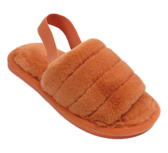 Matilda Ladies Slingback Open Toe Fur Furry Sliders Mules Slippers Rust