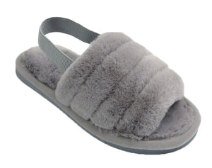 Isis Girls Open Toe Slingback Kids Fur Sandals Slippers Grey