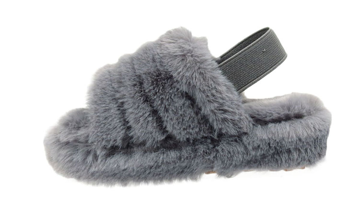 Alaska Girls Kids Childrens Slingback Furry Faux Fur Slippers Mules Grey