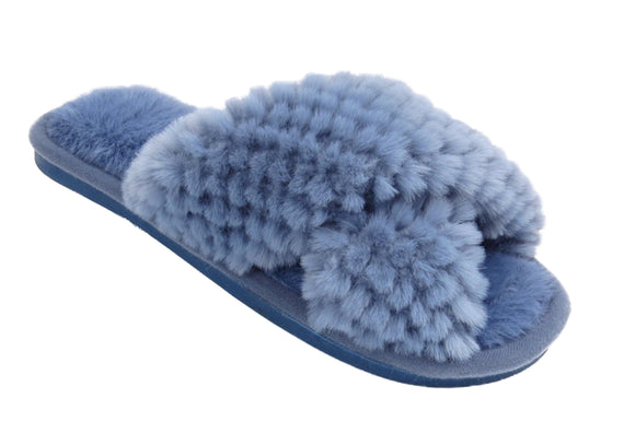 Nora Ladies Cross Over Furry Mules slippers Indigo