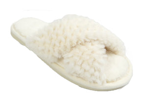 Nora Ladies Cross Over Furry Mules slippers White