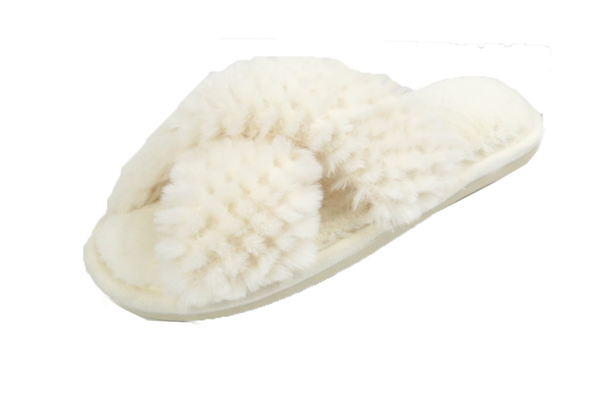 Nora Ladies Cross Over Furry Mules slippers White