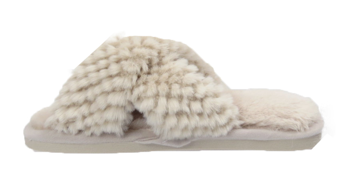 Nora Ladies Cross Over Furry Mules slippers Beige