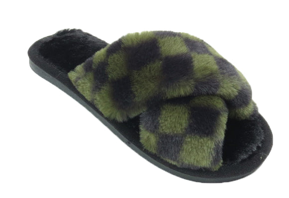 Angela Ladies Checkered print Faux Fur Slippers Dark Green