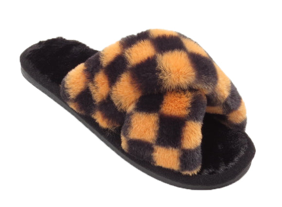 Angela Ladies Checkered print Faux Fur Slippers Yellow