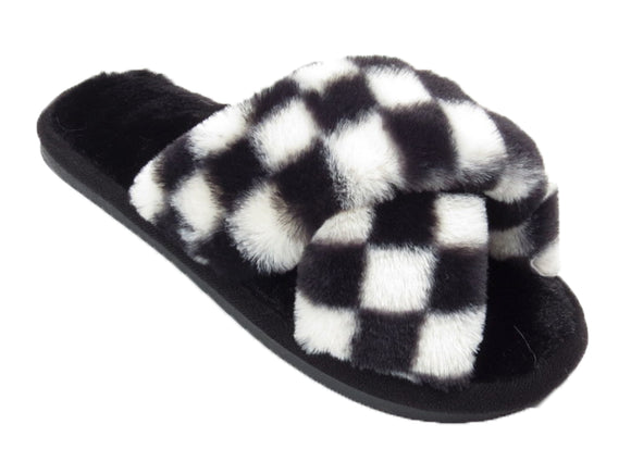 Angela Ladies Checkered print Faux Fur Slippers White