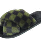 Angela Ladies Checkered print Faux Fur Slippers Dark Green