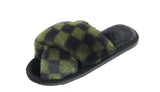 Angela Ladies Checkered print Faux Fur Slippers Dark Green