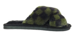 Angela Ladies Checkered print Faux Fur Slippers Dark Green