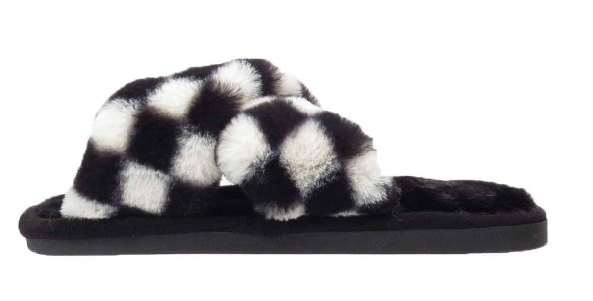 Angela Ladies Checkered print Faux Fur Slippers White