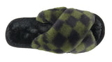 Angela Ladies Checkered print Faux Fur Slippers Dark Green