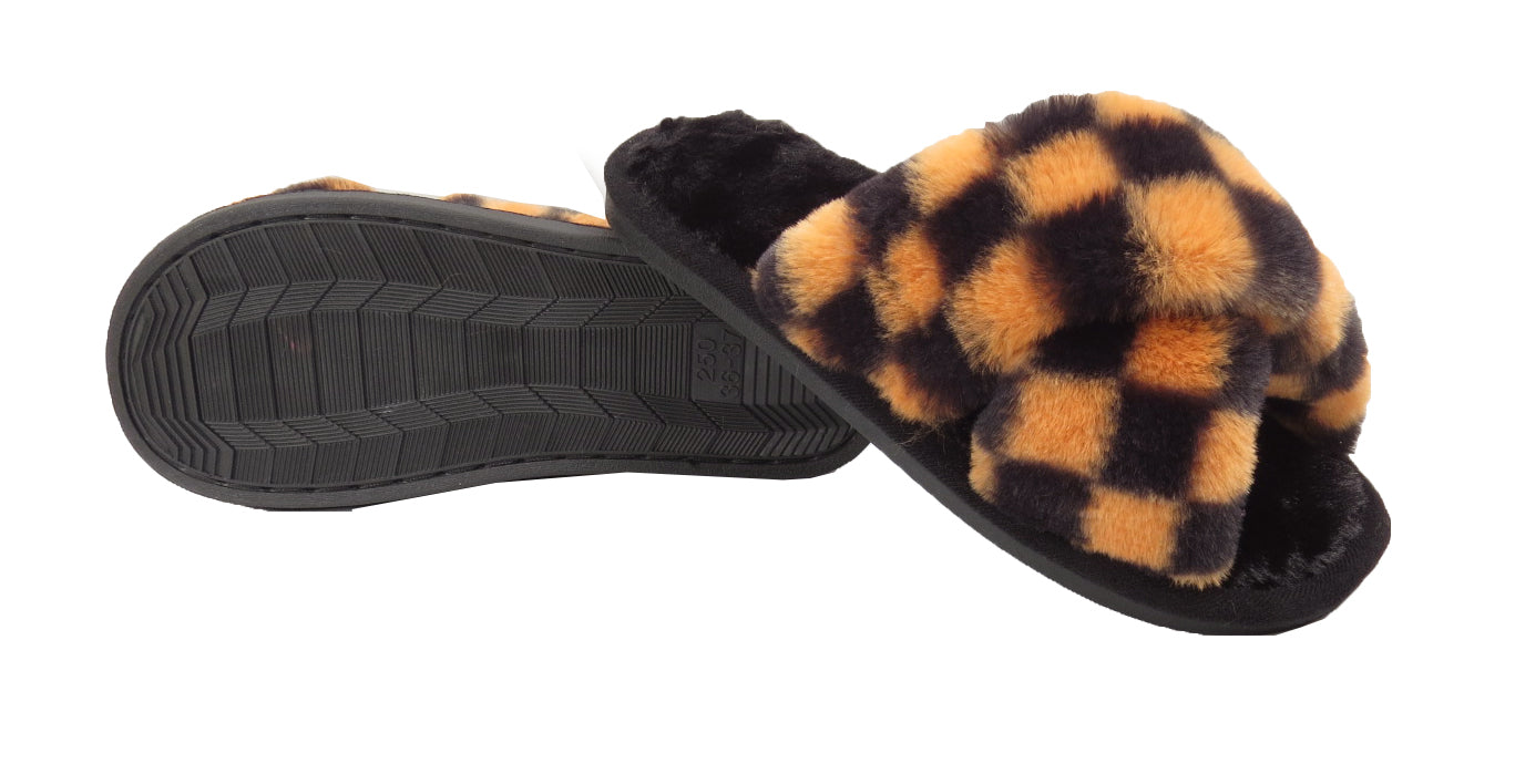 Angela Ladies Checkered print Faux Fur Slippers Yellow