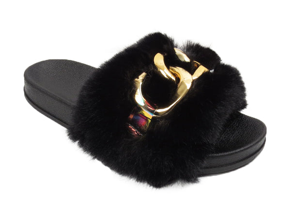 Taisiya Ladies Chain Faux Fur Furry Sliders Black