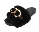 Taisiya Ladies Chain Faux Fur Furry Sliders Black