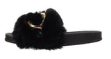 Taisiya Ladies Chain Faux Fur Furry Sliders Black