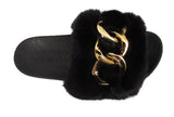 Taisiya Ladies Chain Faux Fur Furry Sliders Black