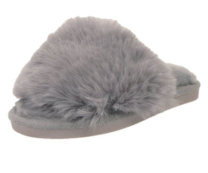 Benny Girls Open Toe Sliders Fur Sandals Slippers Grey