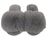 Benny Girls Open Toe Sliders Fur Sandals Slippers Grey