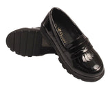 Zizi Girls Tassel Fringe Slip On Loafers Black Patent