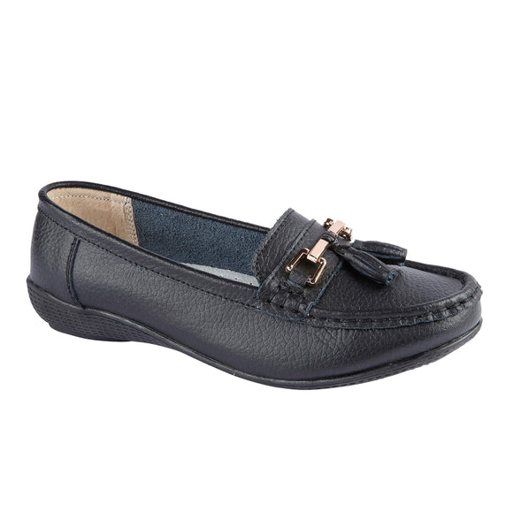 Nautical Wide Fit Series Ladies Leather Tassel Loafers Moccasin Shoes Black