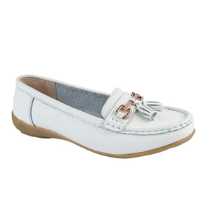 Nautical Wide Fit Series Ladies Leather Tassel Loafers Moccasin Shoes White