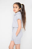 Harmony Girls Hooded Crop Top Kids Plain Summer Short Tracksuit Set Grey