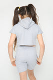 Harmony Girls Hooded Crop Top Kids Plain Summer Short Tracksuit Set Grey