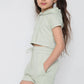 Harmony Girls Hooded Crop Top Kids Plain Summer Short Tracksuit Set Sage Green