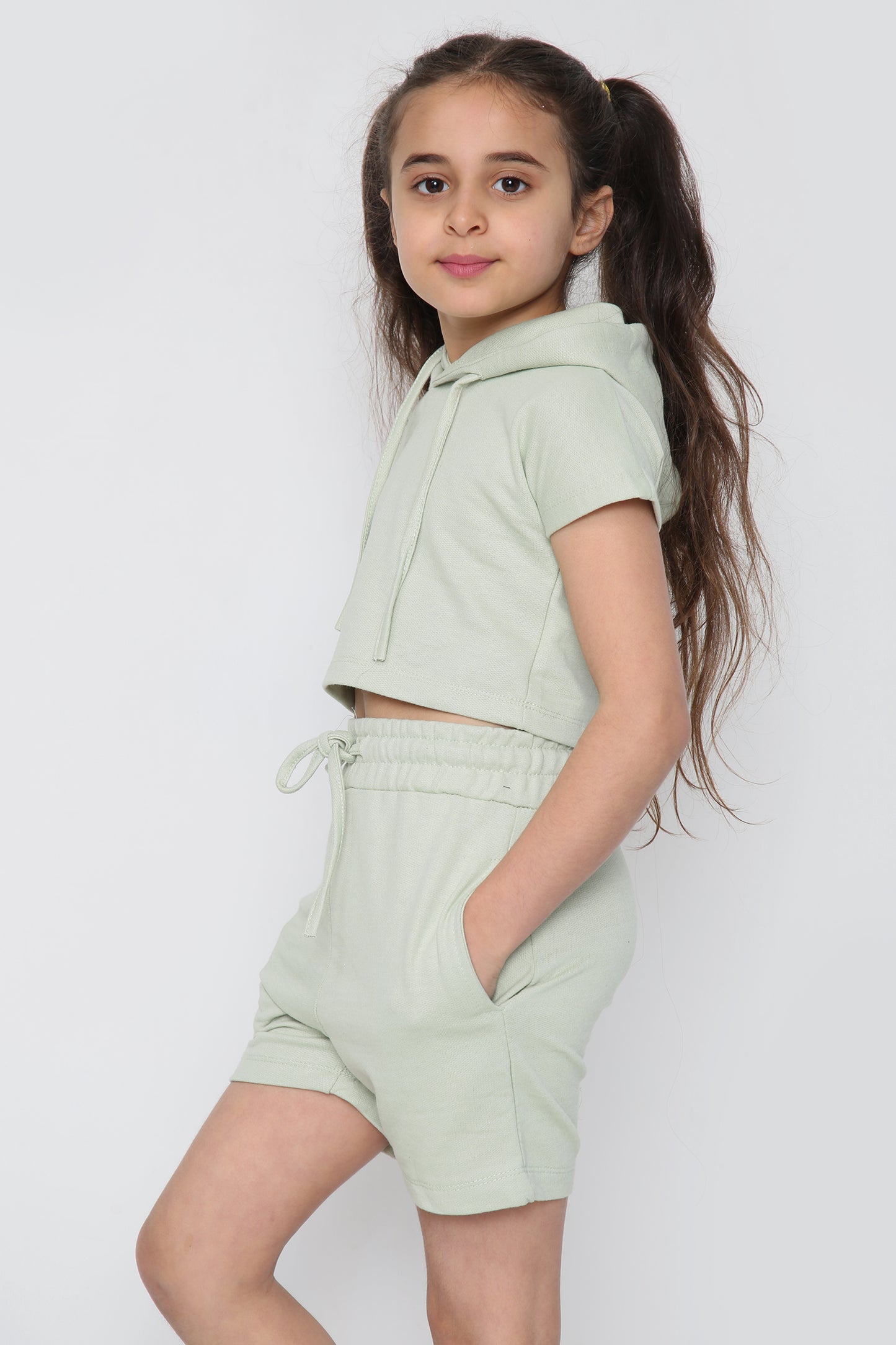 Harmony Girls Hooded Crop Top Kids Plain Summer Short Tracksuit Set Sage Green